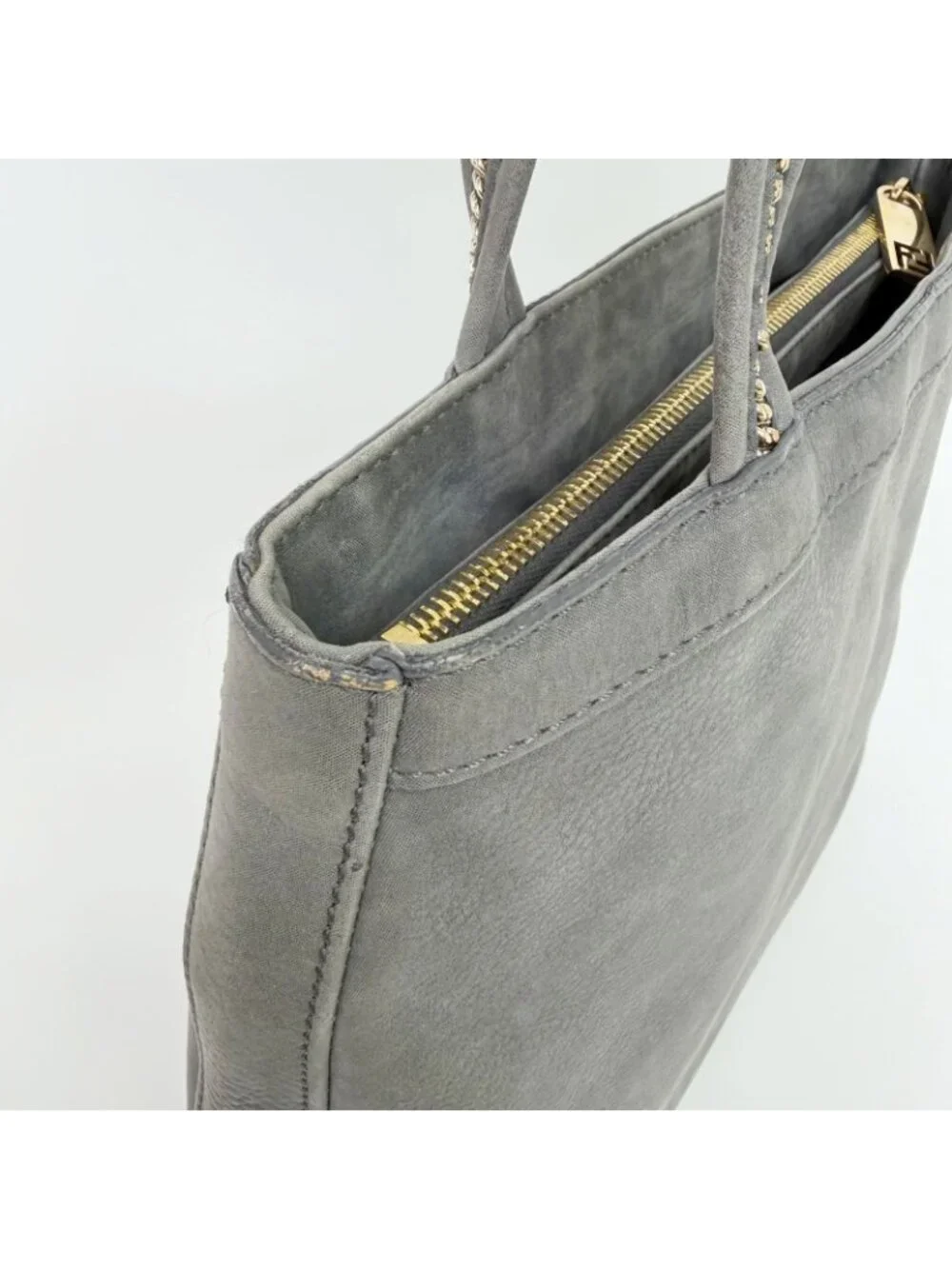 Fendi Nubuck FF Chain Tote Bag Leather Gray Gold Vintage
